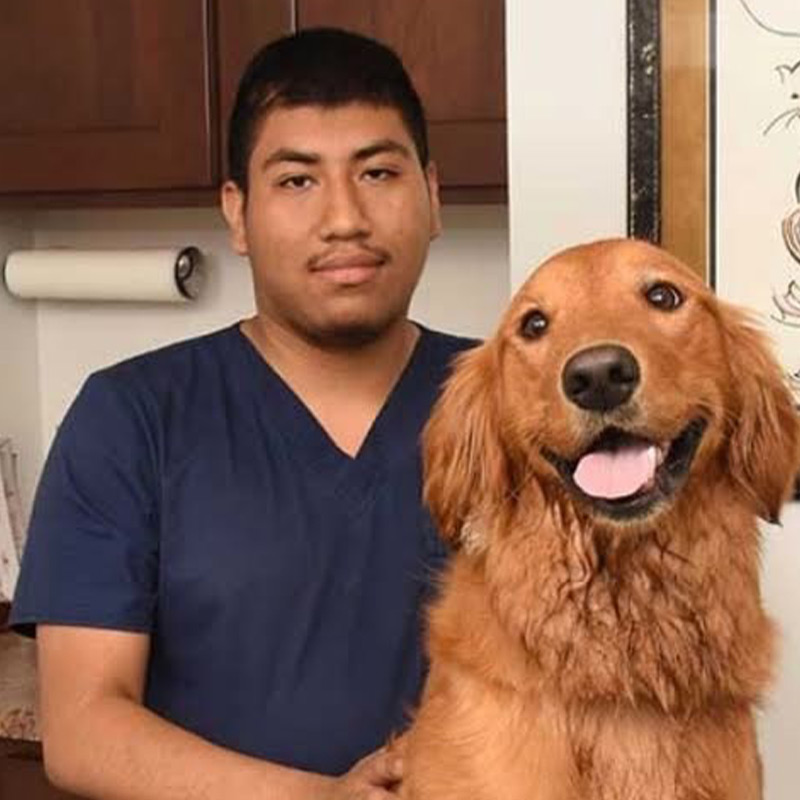 a person holding a dog posing for the camera